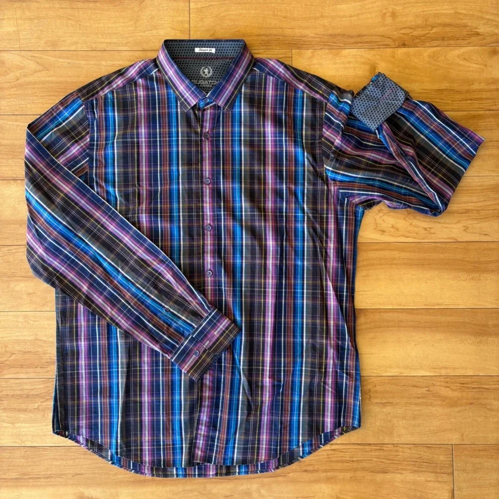 BUGATCHI UOMO Men's Plaid Long Sleeve Button Down Shirt Shaped Fit Blue Purple - Picture 3 of 9